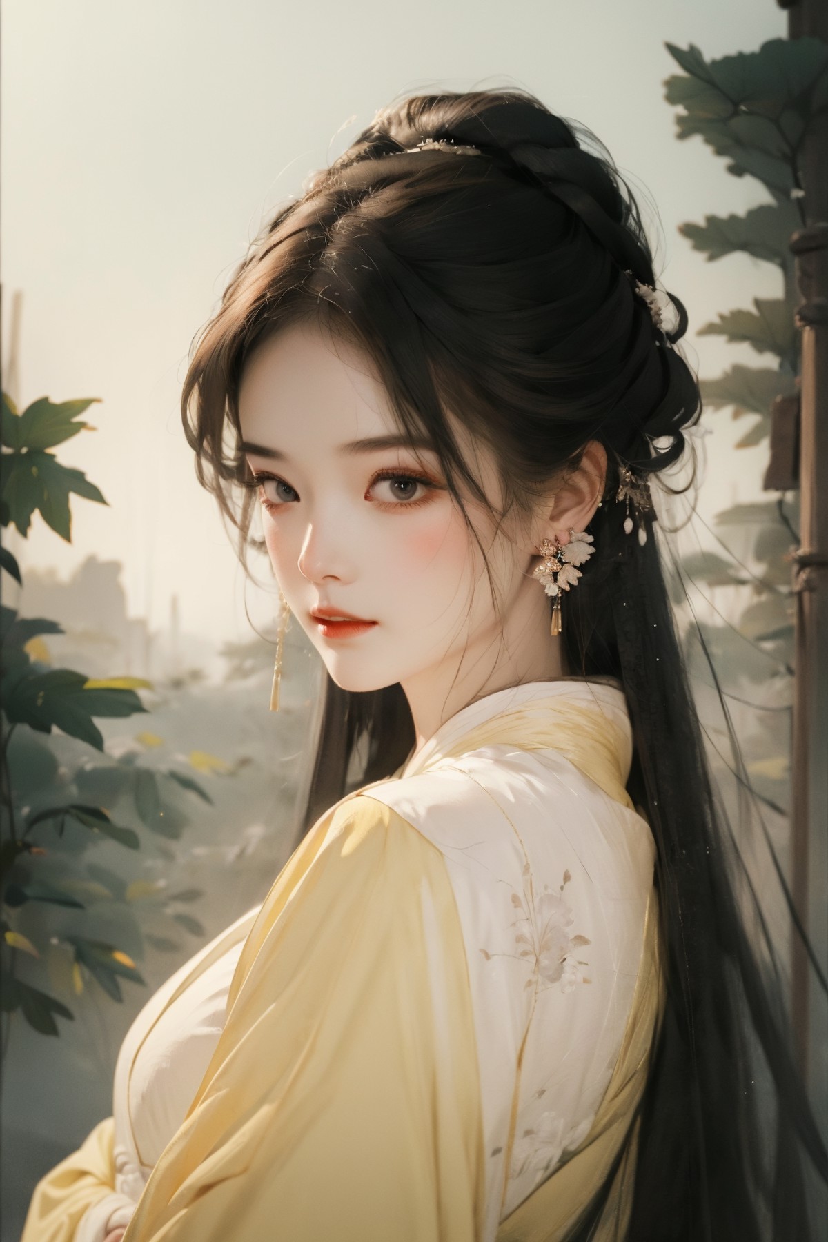 masterpiece, best quality, 8k, cinematic light, ultra high res, 1girl, solo, looking at viewer, hanfu, black hair, earring...